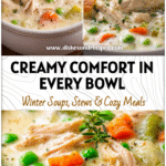 Creamy Chicken Pot Pie Soup in a white bowl with vegetables and rotisserie chicken pieces.